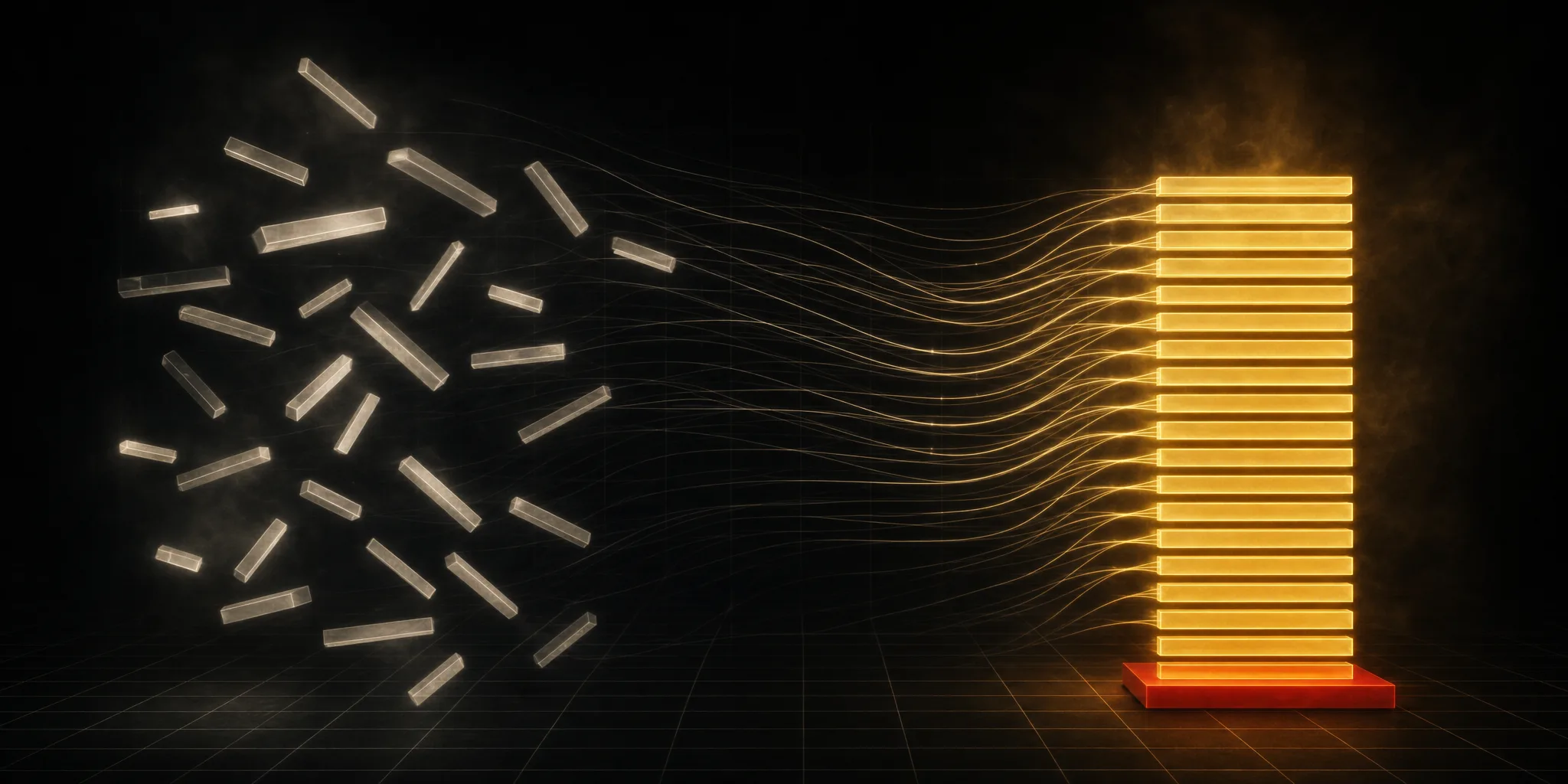 Scattered fragments on the left resolving into one ordered, aligned stack on the right