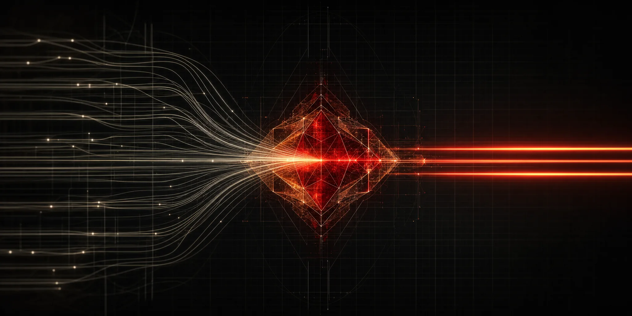 Many data streams converging into a single core, then leaving as a few decisive outputs