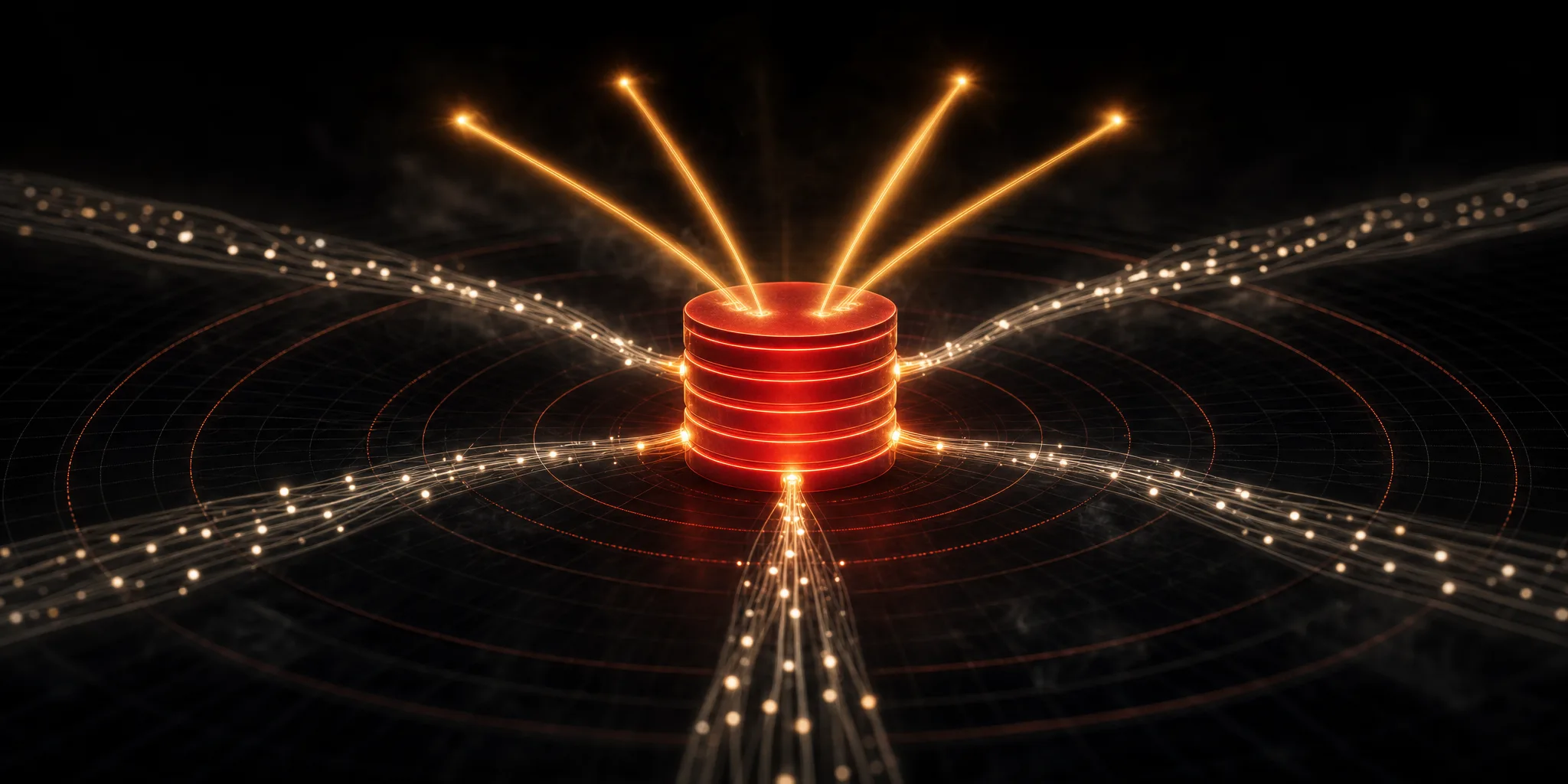 A glowing database core at the centre with data conduits flowing inward from all sides and beams leaving upward
