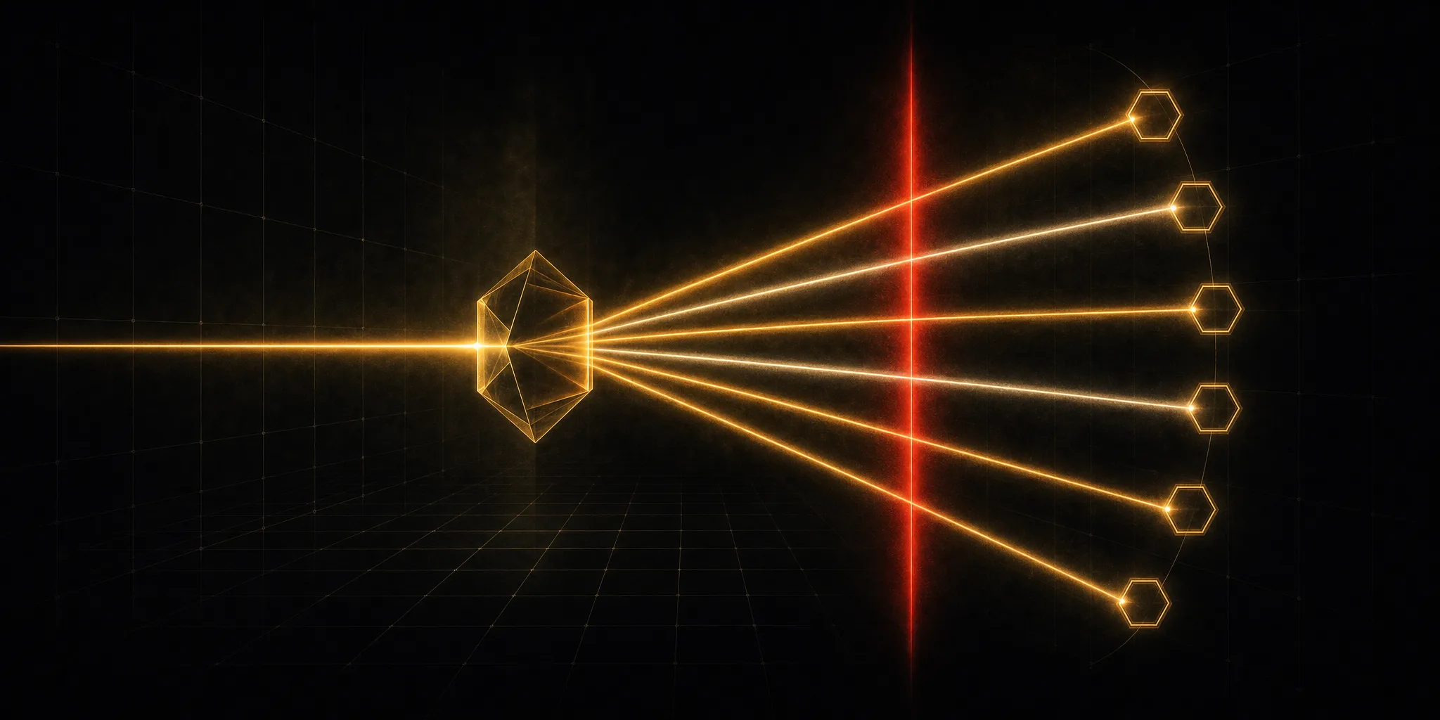 One input beam hitting a routing prism and splitting into six beams, each crossing a red gate before reaching a node